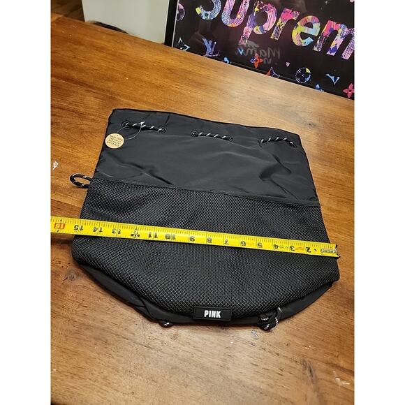 Victoria's Secret PINK Drawstring Bag Backpack Carry On Adjustable Mesh Black - Picture 8 of 9